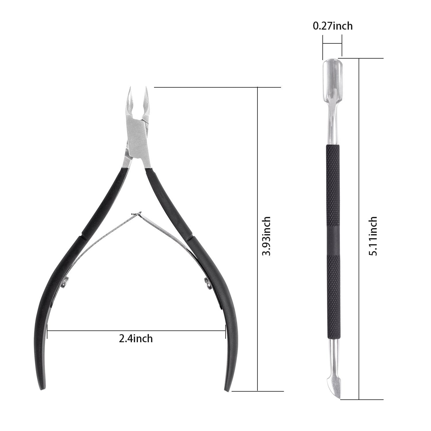 The dual-ended tool consists of a cuticle pusher with a curved design that fits comfortably against the nails to gently push back the cuticles. The other end is a sharp cuticle nipper, which allows precise cutting of the cuticles. The nipper comes with a protective sheath that makes it safe and easy to store.