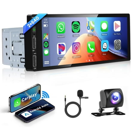 2G 64G Android Single Din Car Stereo with Wireless CarPlay/Android Auto, Sehmtoo 6.86 Inch Touch Screen, Bluetooth, GPS Navigation, FM/RDS, Mirror Link, Dual USB, Backup Camera