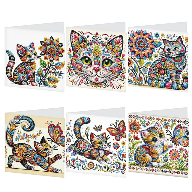 Tarjeta Felicitación Pintura Diamantes Bricolaje 6 Piezas Mandala Gatito Con Sobre para Amigo
