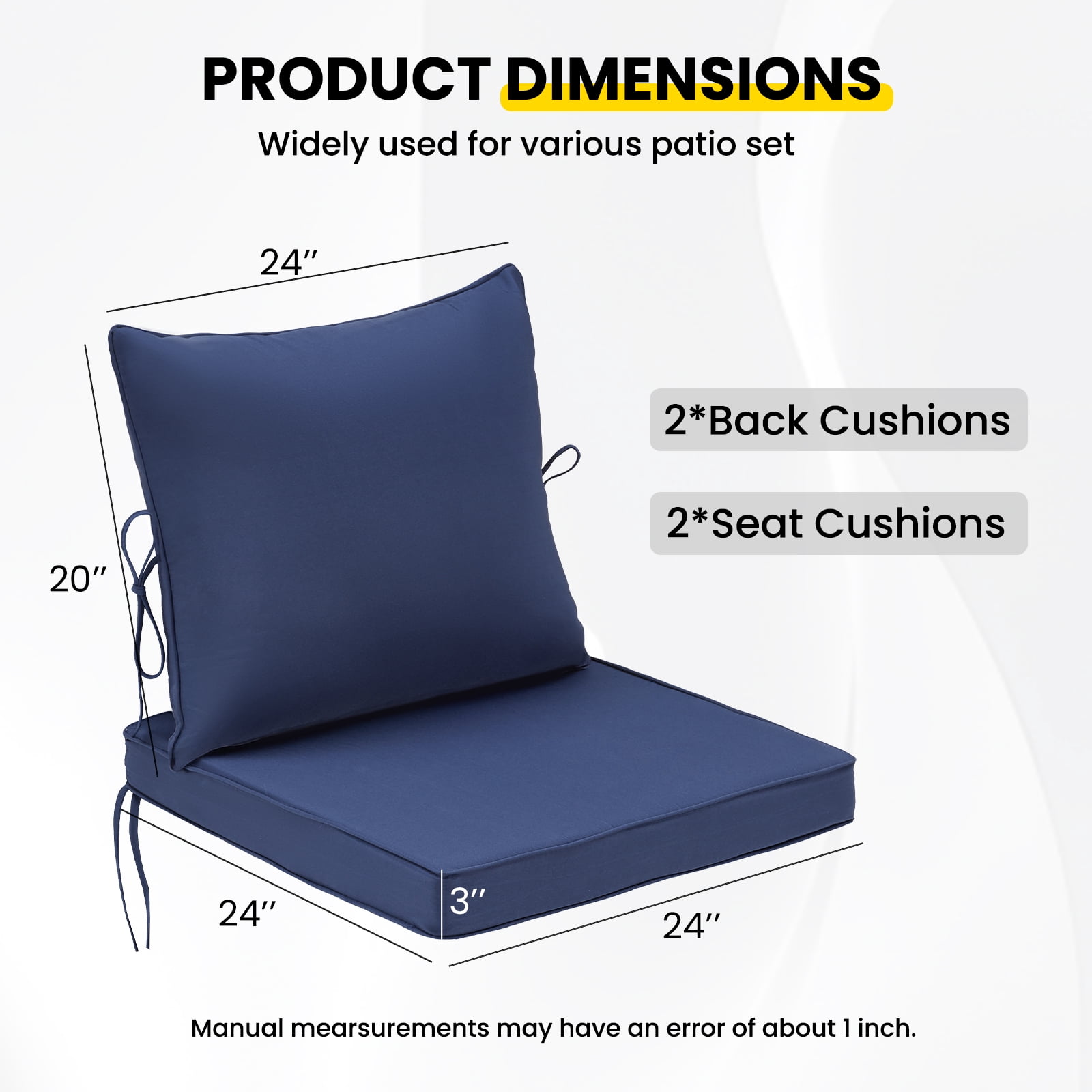 STARY Outdoor Deep Seat Cushions for Patio Furniture, 24"x24" Replacement Sectional Cushions for Outdoor Sofa, Armchair, 4 Pieces, Blue
