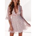 thumbnail image 2 of SURJDE Womens Spring Summer Deep V Neck Ruffle Long Sleeve Floral Print Mini Dress, 2 of 5
