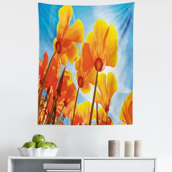 Wildflower Tapestry, Spring Tangerine Toned Petals Tilt Shot with Open Sky Photo, Fabric Wall Hanging Decor for Bedroom Living Room Dorm, 5 Sizes, Burnt Orange Azure Blue, by Ambesonne
