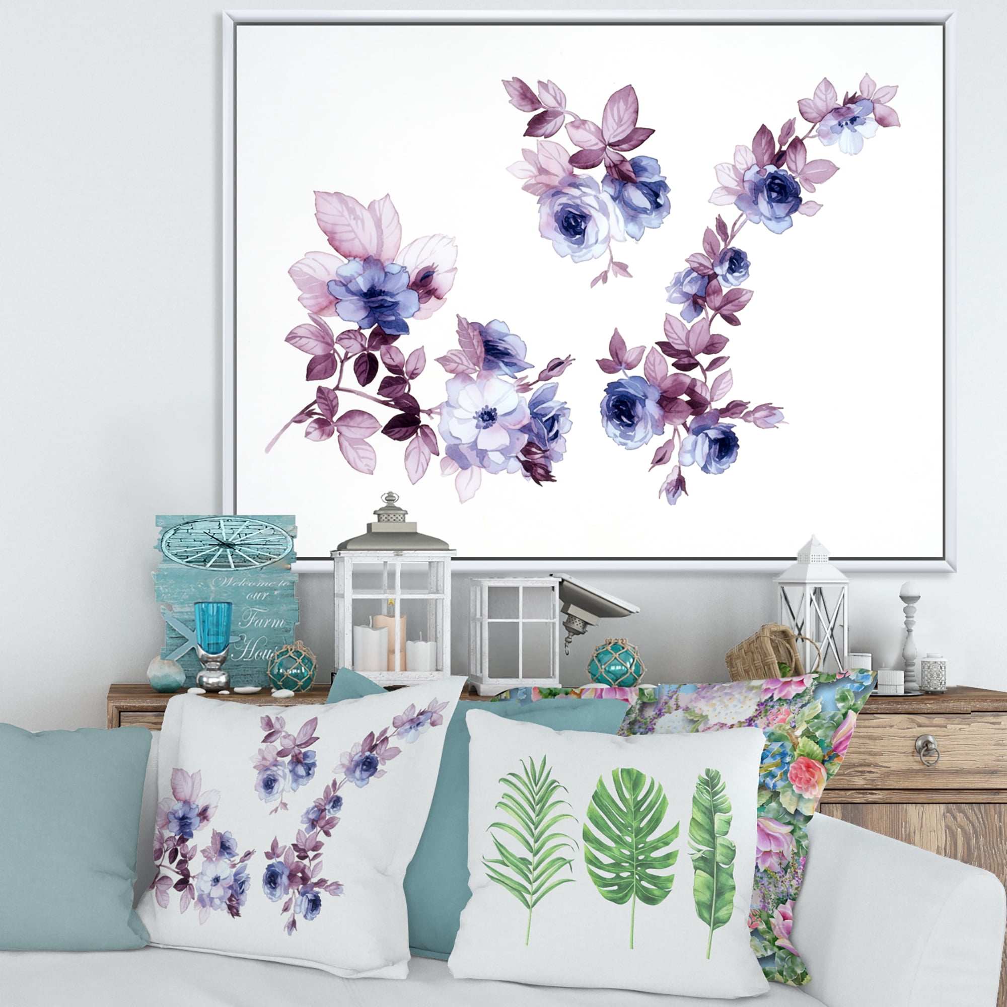 Designart 'Purple Wildflowers On White I' Traditional Framed Canvas Wall Art Print