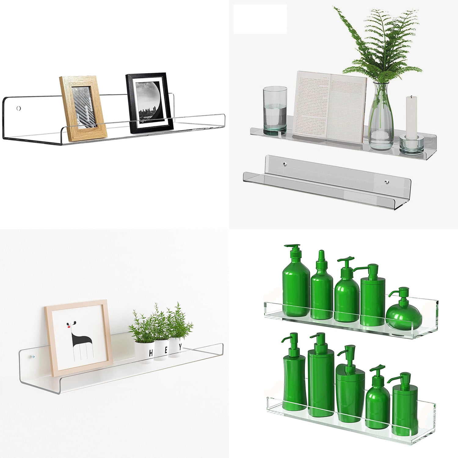 15 Inch Wall Shelf Set of 4 Clear Acrylic Floating Shelves W/Guardrail for Living Room Kitchen Bathroom Bedroom