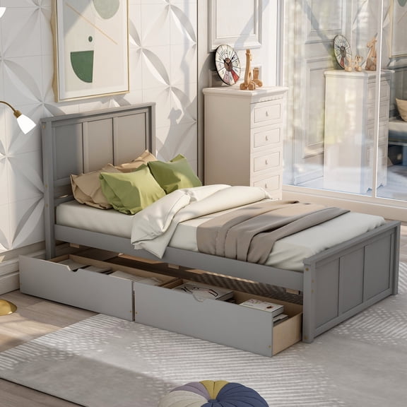 Twin Size Adjustable Bed Base, Platform Storage Bed, 2 drawers with wheels, Twin Size Frame, Gray, Gray Bed Frames,Pine Platform Bed Frames, Furniture Bedroom Furniture Beds, Frames & Bases
