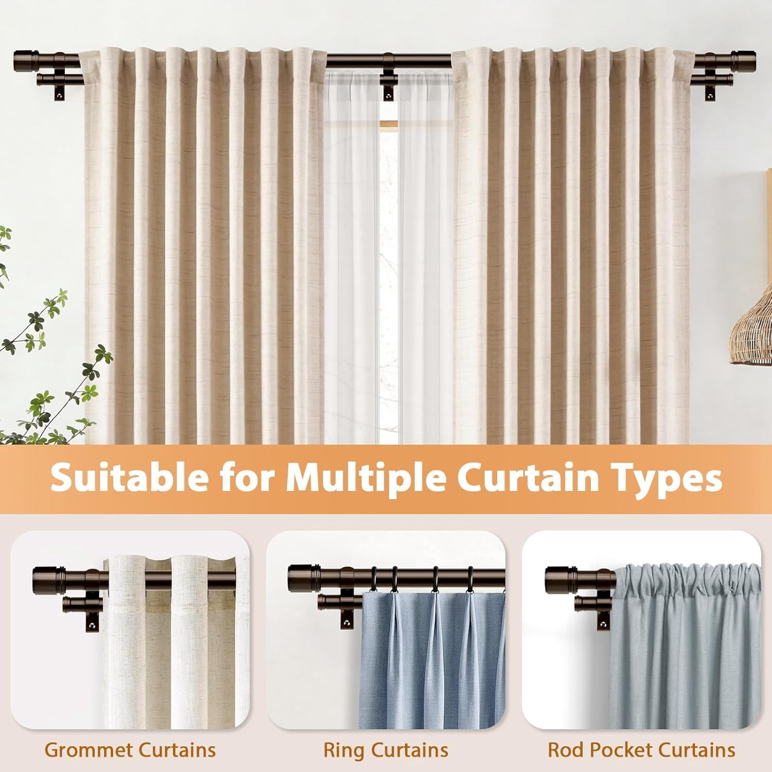 Double Curtain Rod 66 to 120 Inch,  1 Inch Heavy Duty Double Curtain Rods for Windows 54 to 116 Inches(4.5-9.6 ft), Telescoping Drapery Rod with Simple End Finials, Bronze