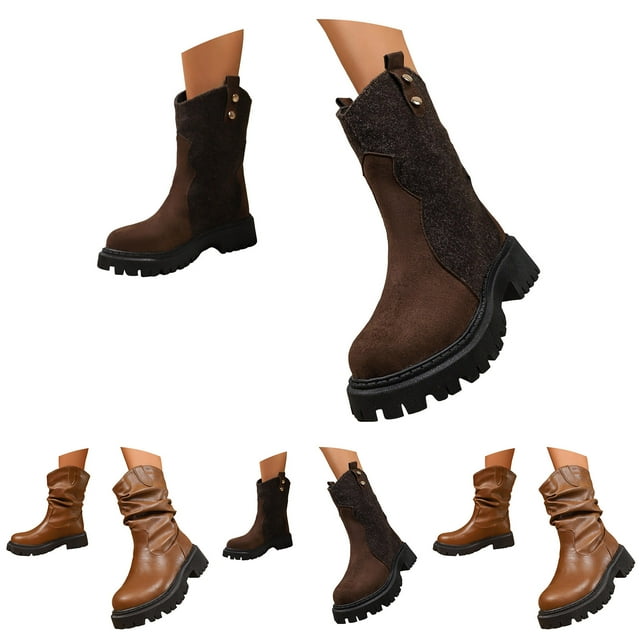 Dakaela Bottes Western Mi-Mollet pour Femmes à Bout Rond à Plateforme Bottines Chelsea à la Cheville Chaussures d'Hiver Plissées Habillées