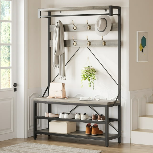 EastVita 【Coat Rack Shoe Bench,Industrial Hall Tree】Storage Bench for Entryway,Wood Look Accent,Large Shoe Rack,Storage Shelf,Hanging Bar,8 Hooks,Gray 39.9"x15.7"x72"