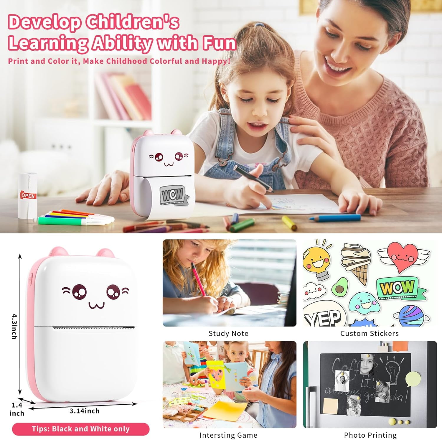 Mini Portable Printer, Pocket Thermal Printe with 7 Rolls Paper, Bluetooth Wireless Smart Printer for Android iOS Smartphone, Inkless Printers for Photo Picture Office Receipt QR Code Label List Note