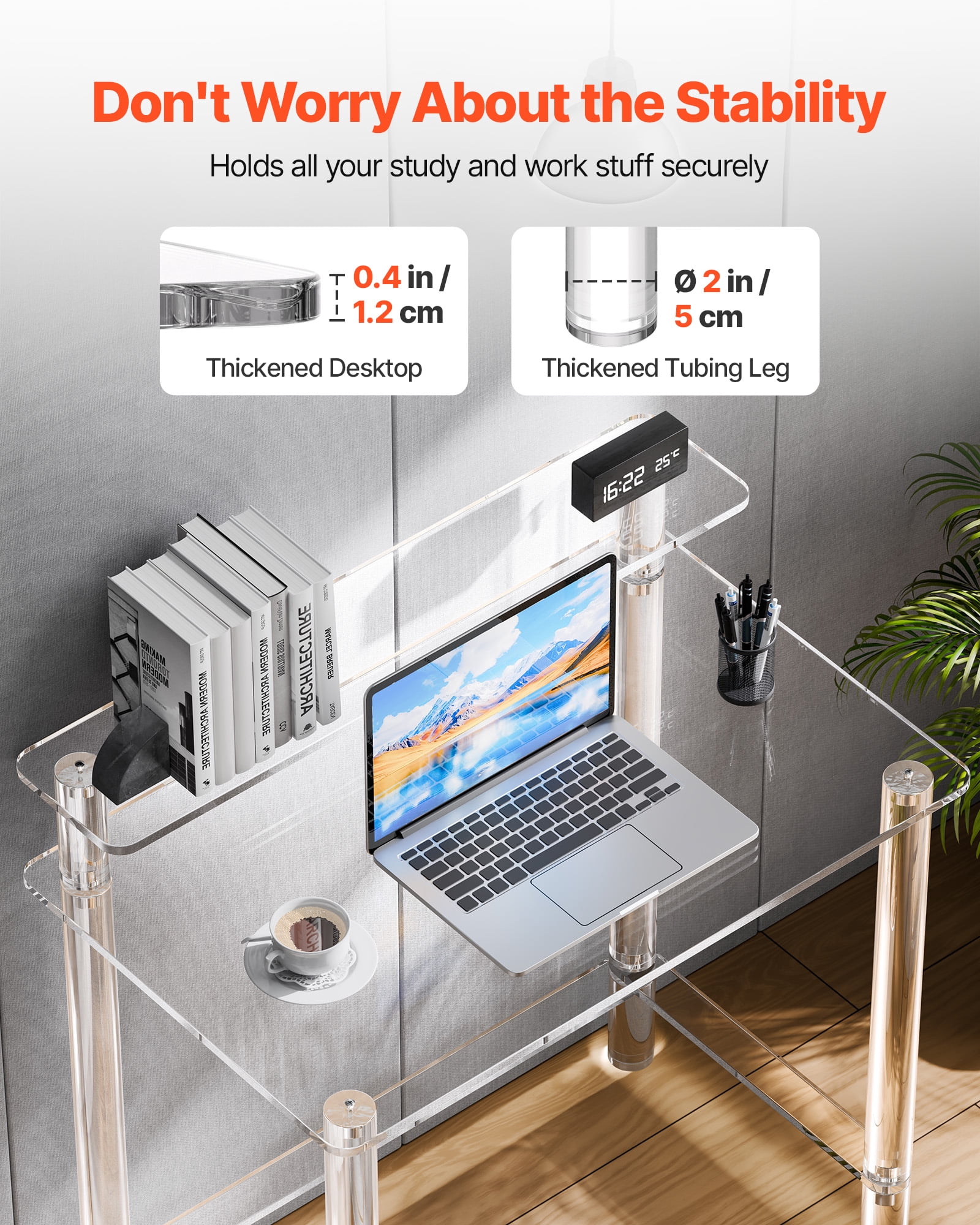 VEVOR Acrylic Table, 2 Tiers Clear Office Desk with Monitor Stand, Acrylic Study Computer Desk, Modern Side End Table Nightstand for Bedroom, Office, Study, Cloakroom, 19.7 x 31.5 x 34.7 in (Clear)