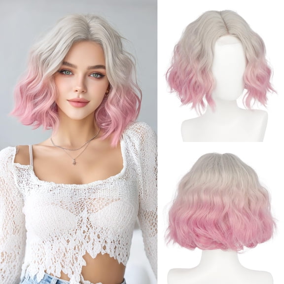 Pink Bob Wig for Women Lace Front Hairline Short Soft Wavy Curly Natural Looking Middle Part Synthetic Hair Wigs for Daily Party, 11 Inch