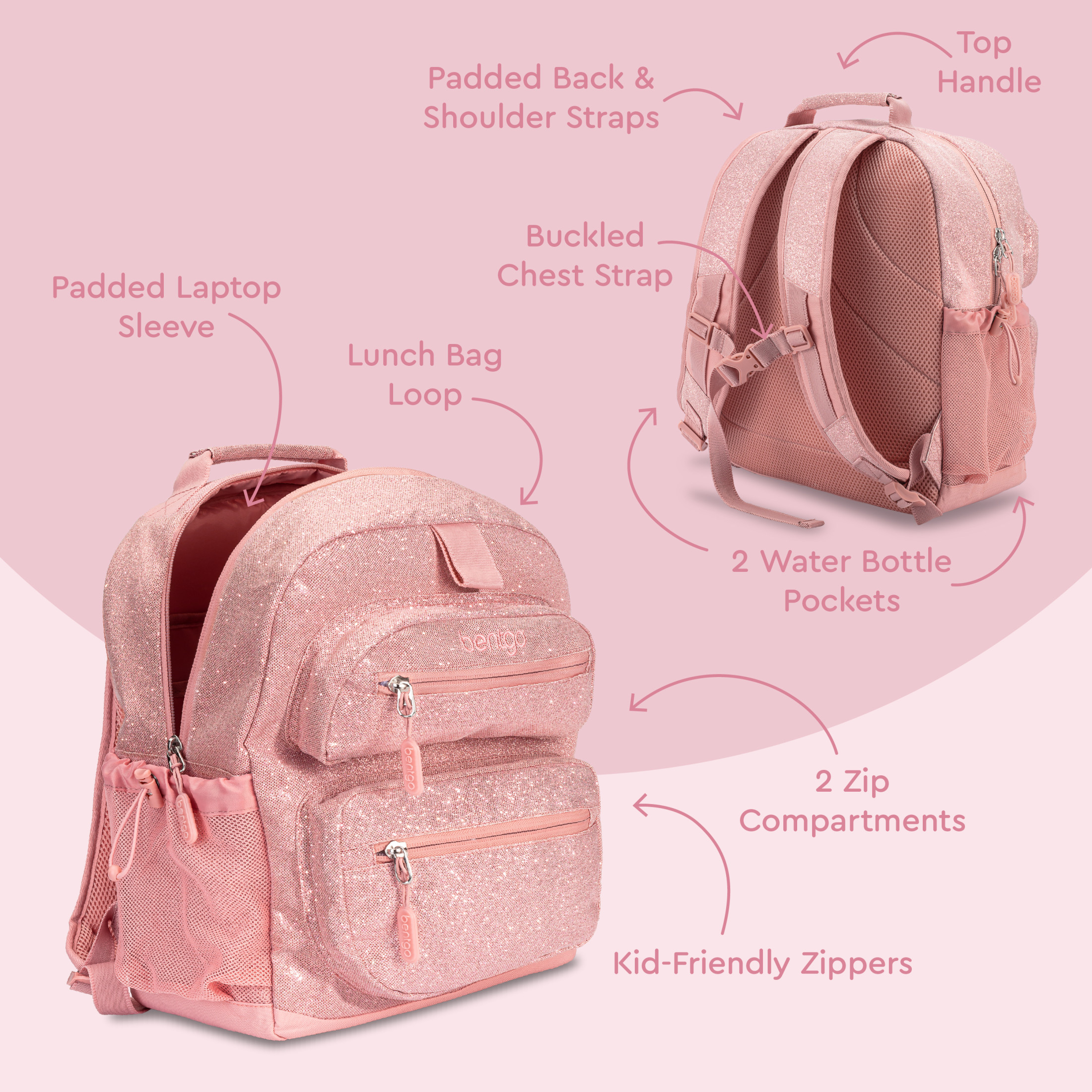 Mochila para niños - diseño con brillantina, 14", ligera, para escuela, viaje y guardería - interior amplio, tela duradera e impermeable y argolla para lonchera (Edición Brillantina - Rosa pétalo) 3