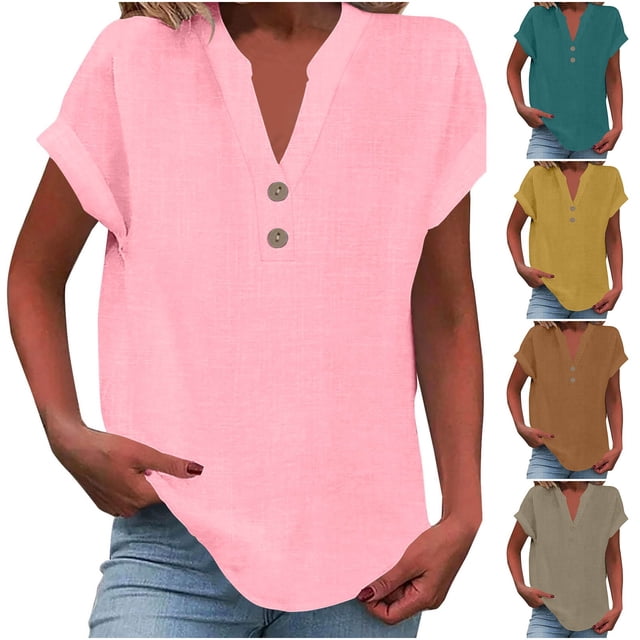 Auralook Linen Tops for Women Solid Loose Fit Short Sleeve Plus Size Shirts Summer Button V Neck Casual Dressy Blouses