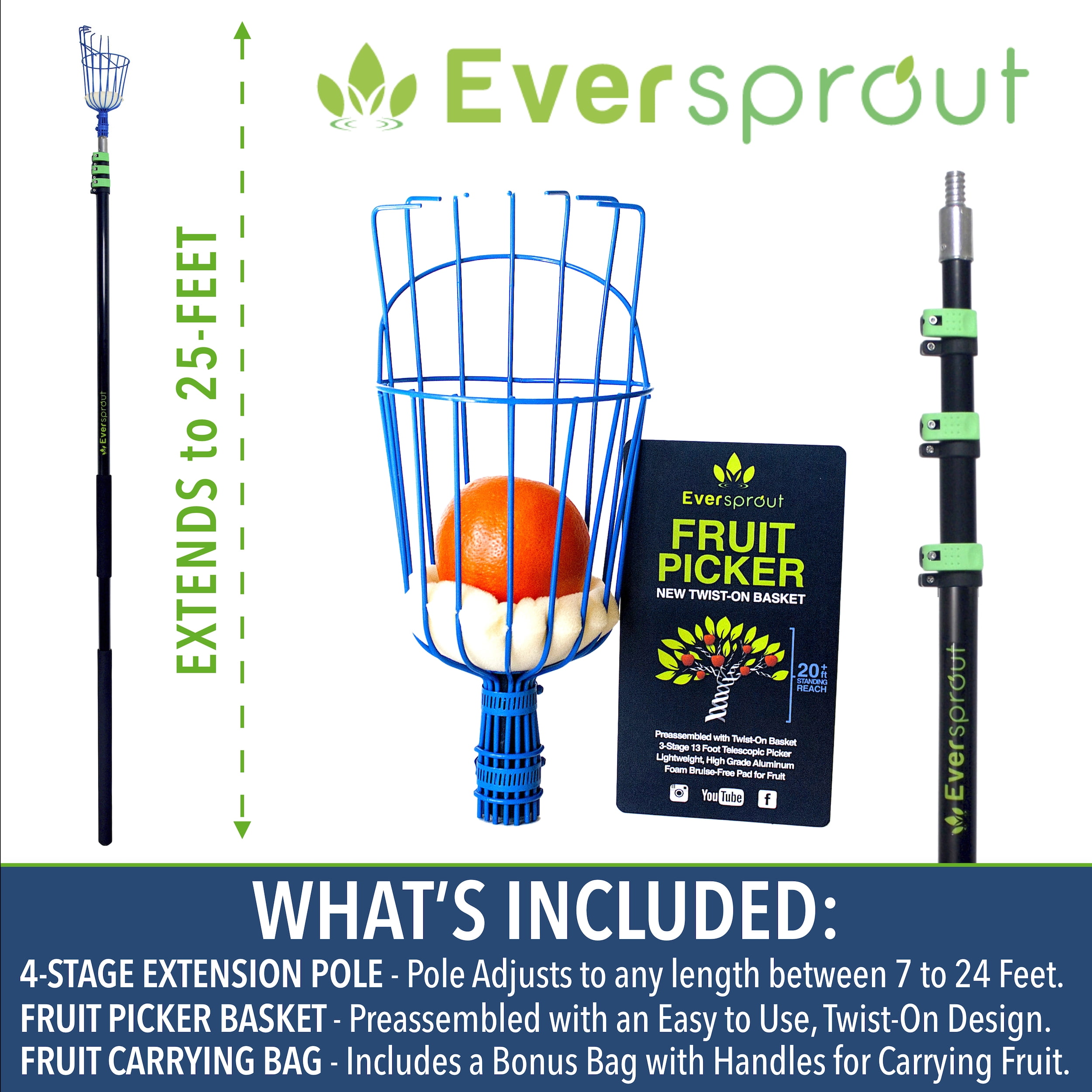 Eversprout Heavy Duty Garden Fruit Picker with Foam Cushion Rust-Resistant