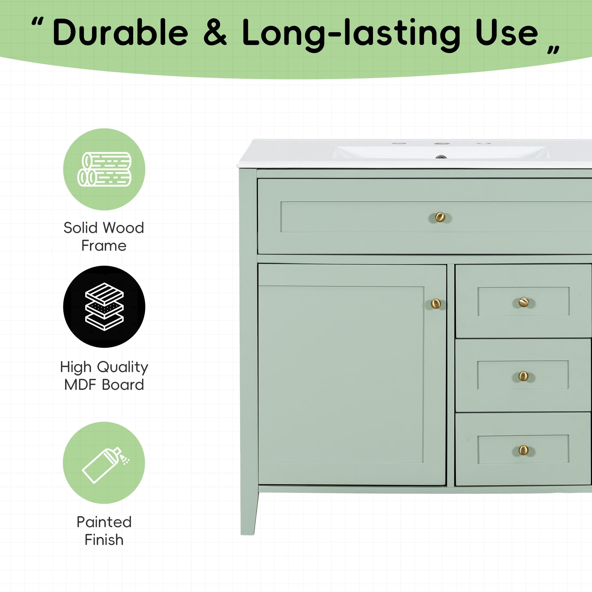 Anpport 36" Freestanding Bathroom Vanity with Sink, Modern MDF & Rubberwood Cabinet, 3 Drawers, Adjustable Shelf & Left‑Side Door, Light Green