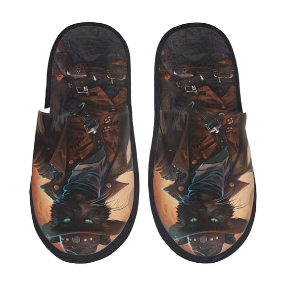 Fotbe Steampunk Cowboy Cat Pantuflas Peludas para Mujer con Estampado, Zapatillas de Peluche, Zapatos de Invierno para Casa, Uso Interior y Exterior-Large
