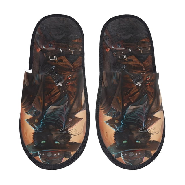 Fotbe Steampunk Cowboy Cat Pantuflas Peludas para Mujer con Estampado, Zapatillas de Peluche, Zapatos de Invierno para Casa, Uso Interior y Exterior-Large