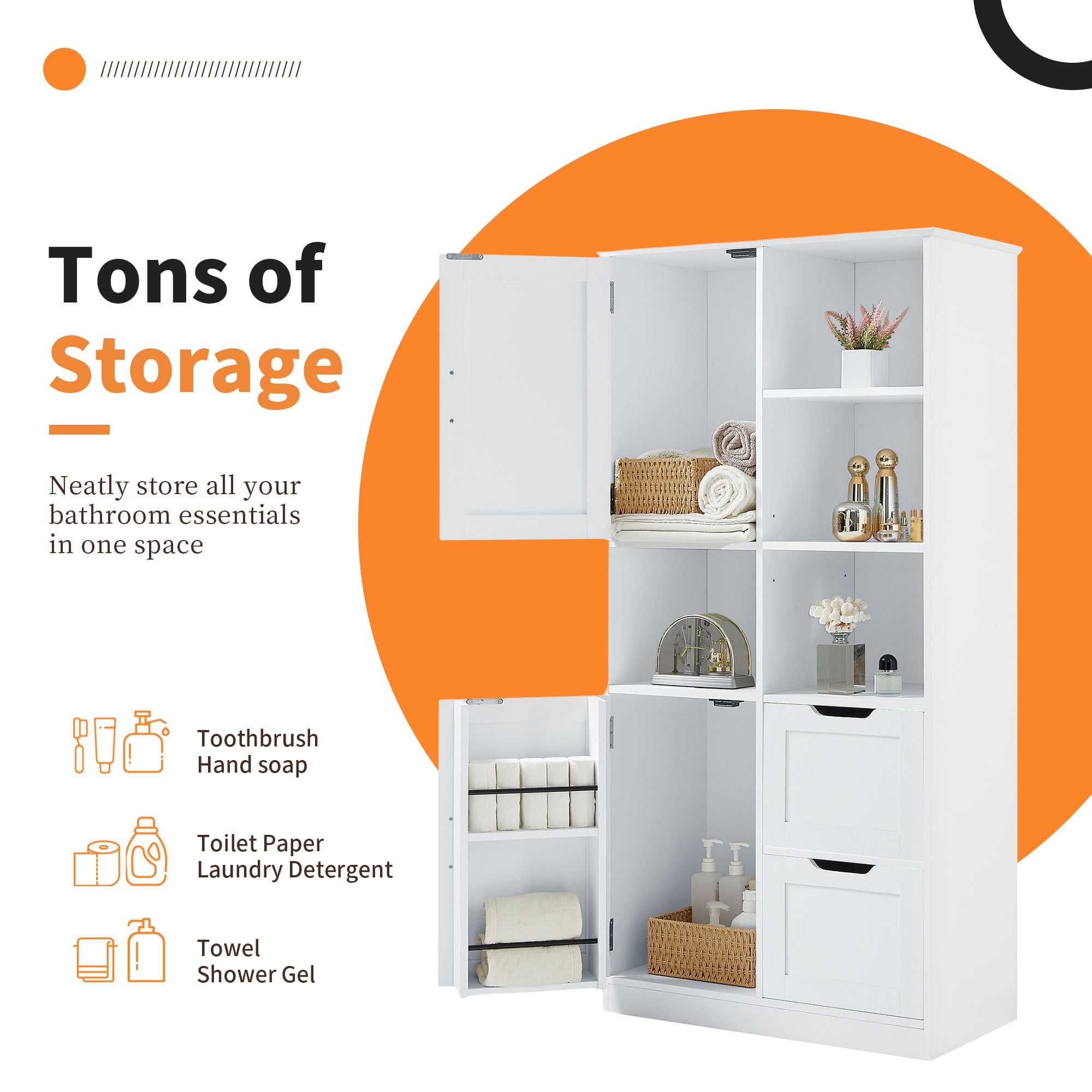 EUROCO 62'' Tall Bathroom Storage Cabinet, MDF Board Floor Storage Cabinet with 2 Doors, 2 Drawers and Adjustable & Door shelves, Freestanding Cabinet for Bathroom, Living Room, Home Office, White