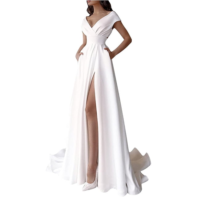 Vestido de noche blanco para mujer Vestido formal largo de color liso Vestido con abertura y cintura alta Vestido de fiesta sin mangas con escote en V