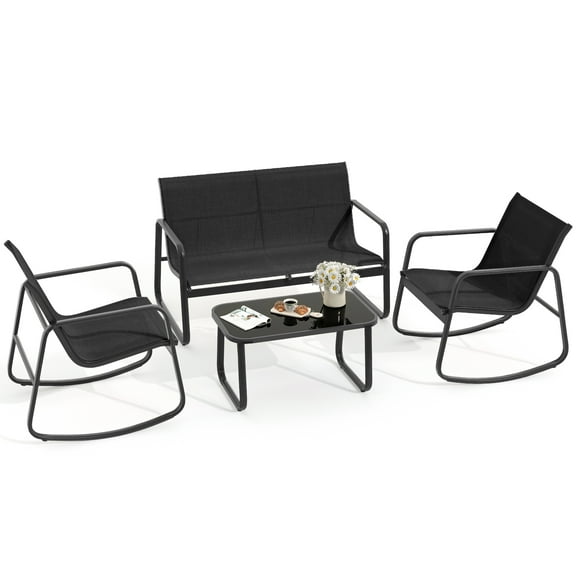 DWVO 4-Piece Outdoor Patio Bistro Furniture Set, Rocking Chair Set - 2 Rocking Chairs, Loveseat chair with Glass Coffee Table - Black