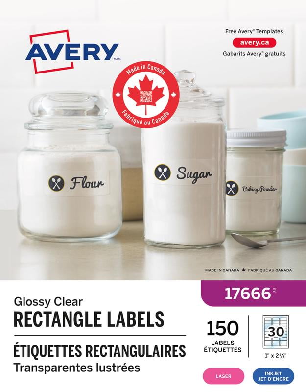 Avery Étiquettes rectangulaires transparentes avec Easy Peel, 1" x 2⅝", adhésif permanent, pour imprimantes laser et à jet d’encre - 17666