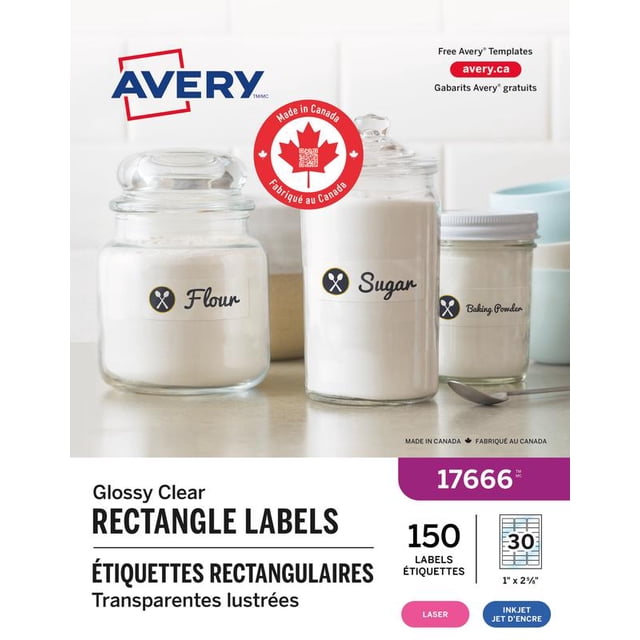 Avery Rectangle Clear Labels with Easy Peel, 1" x 2⅝", Permanent Adhesive, for Laser/Inkjet Printers - 17666