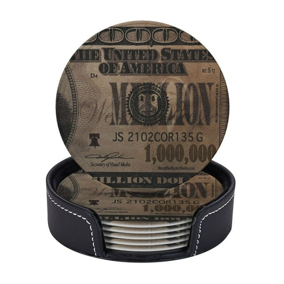 1 Million Dollar Bill Coasters With Leather Holder Set Of 6 Round Coasters for Home and Kitchen Decor