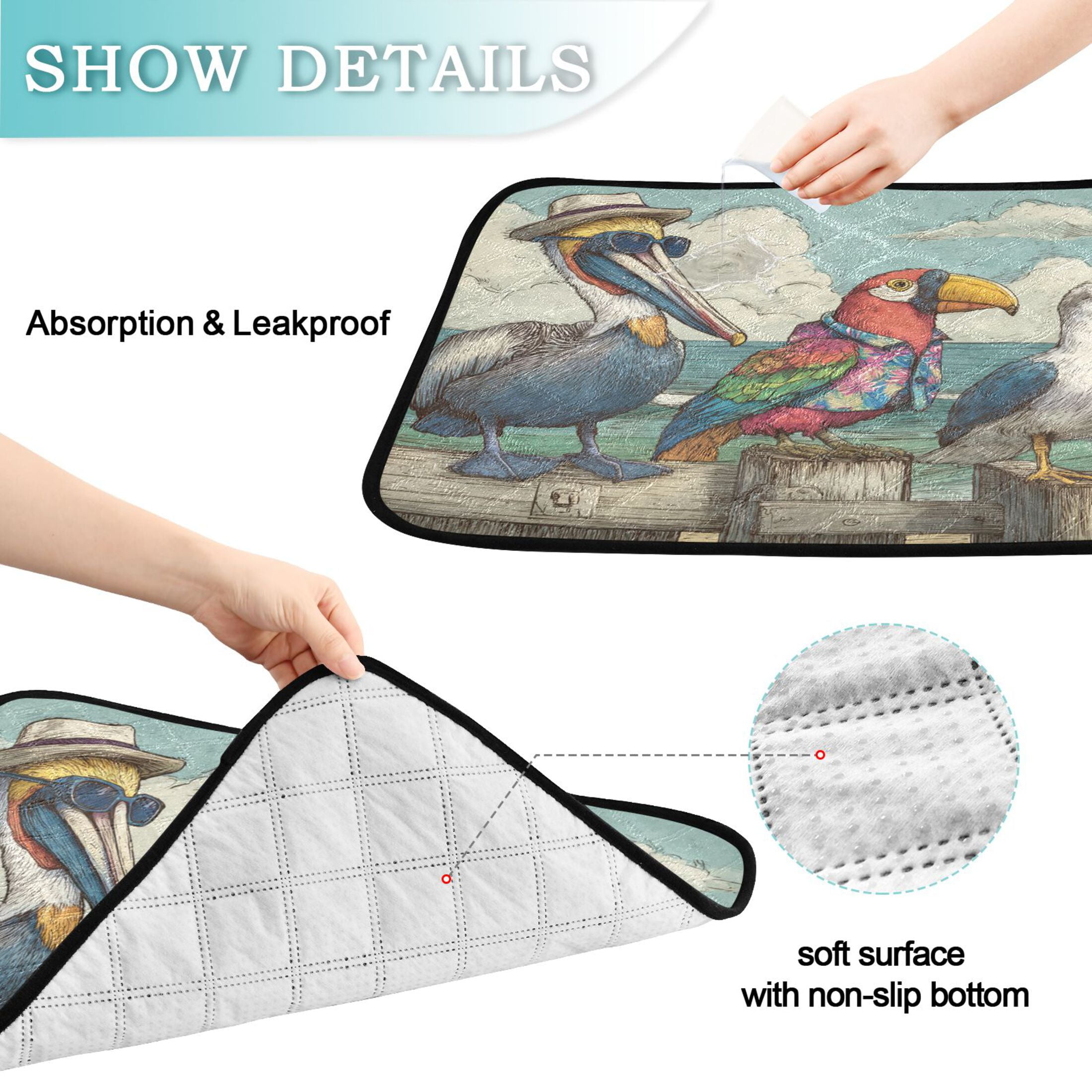 Qxltty Cartoon Pelican Cat litter Pads Pet Set of 3 Diaper Mats Center Anti-leakage Layer Absorbent Soft and Comfortable