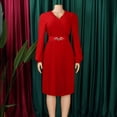 thumbnail image 3 of AURA Womens Elegant V Neck Pleated Midi Dress Long Puff Sleeve High Waist A Line Zipper With Belt, 3 of 10