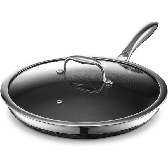 HexClad 12 inch Hybrid Stainless Steel Frying Pan with Glass Lid, Nonstick