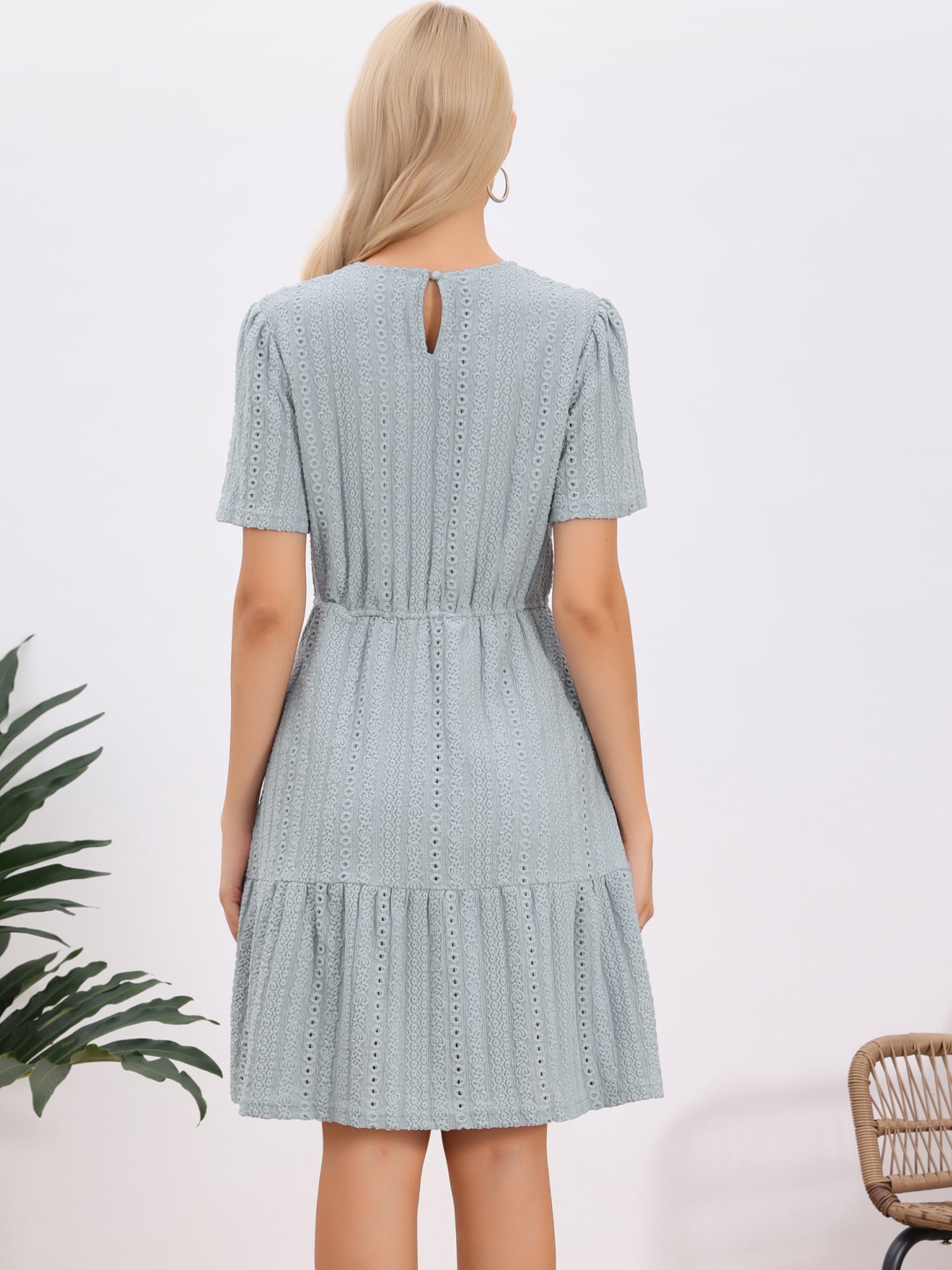 DARING DIVA Women's Tiered Flare Crew Neck Mini Crochet Short Sleeve Flowy Dresses L Blue
