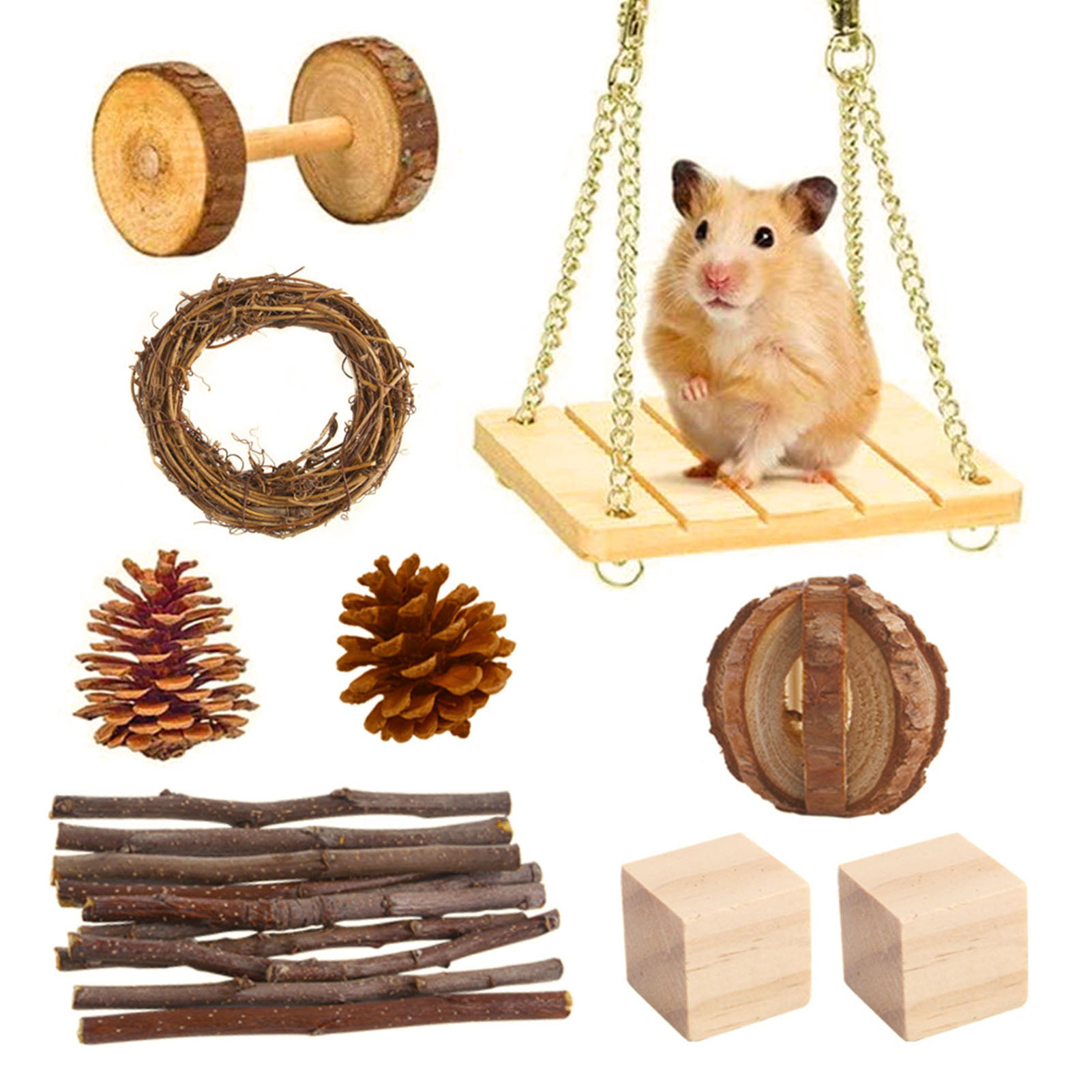 Pet Rabbit Guinea Pig Rat Pine Wood Rattan Vine Chew Wooden Block & Balls Toy 