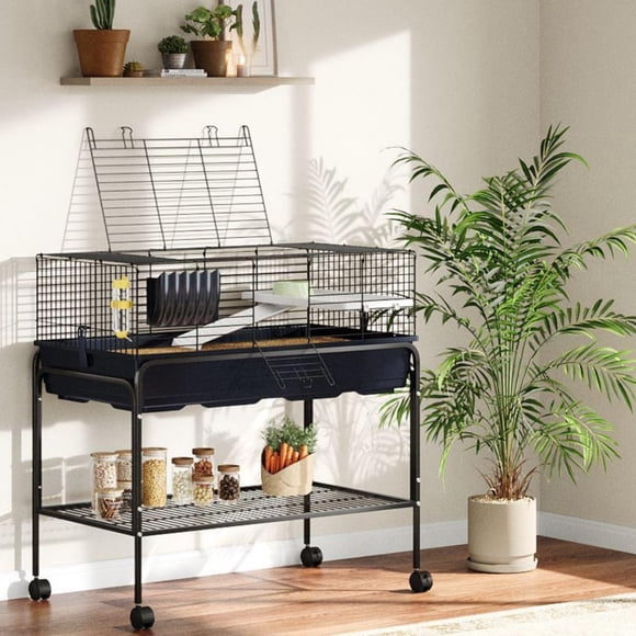 GloryStar Cage Roulante pour Petits Animaux avec Tablette de Rangement Amovible, Cage à Rats à Deux Niveaux Incluant Plateforme, Rampe, Bol à Nourriture, Bouteille d'Eau et Mangeoire à Foin pour Furets et Lapins