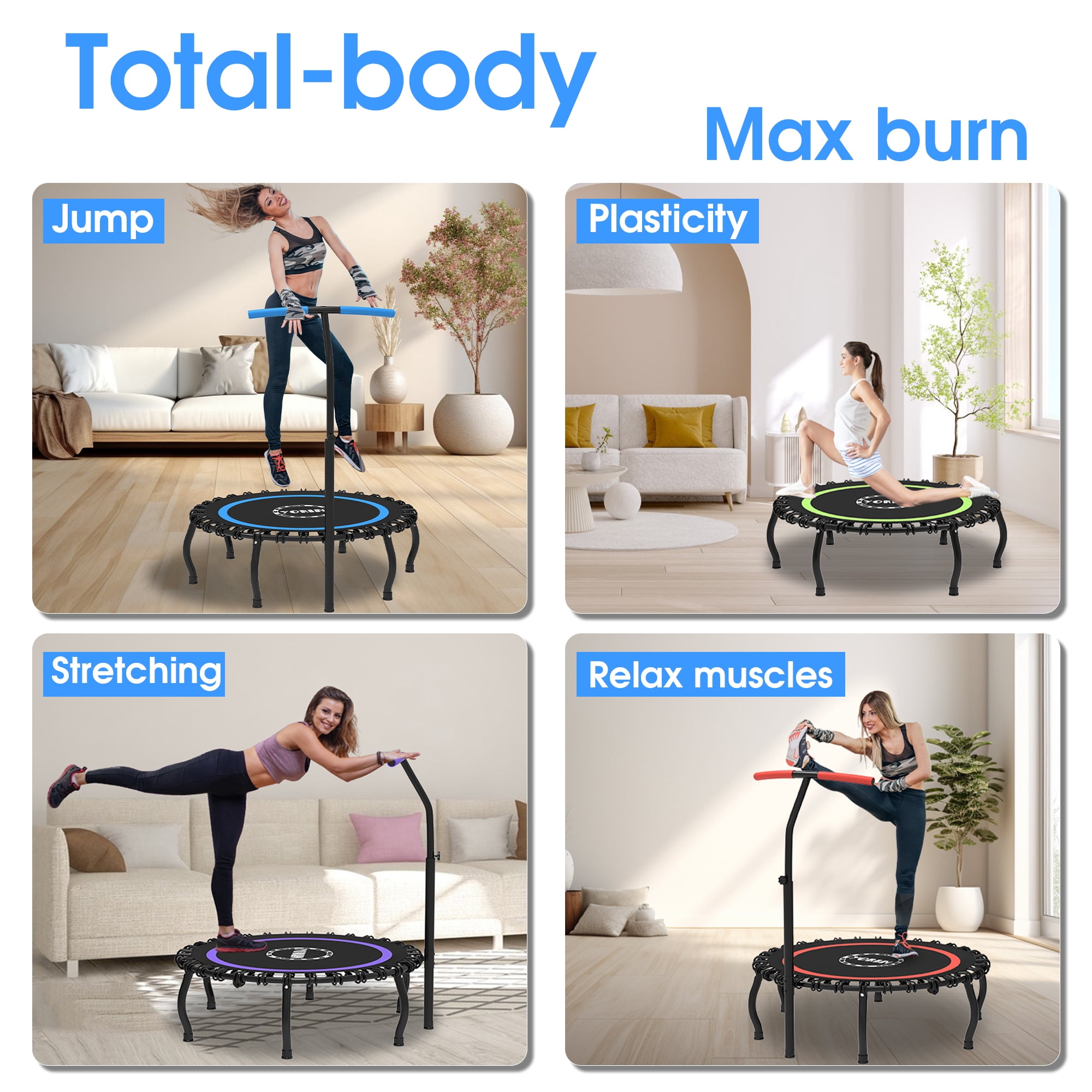 YORIN Rebounder Foldable Trampoline for Adults, 330LBS Fitness Indoor Trampoline, 48" 40" 50" Mini Exercise Trampoline with Bungees, 3 Level Adjustable Foam Handle Bar, Stable Quiet Small Trampoline