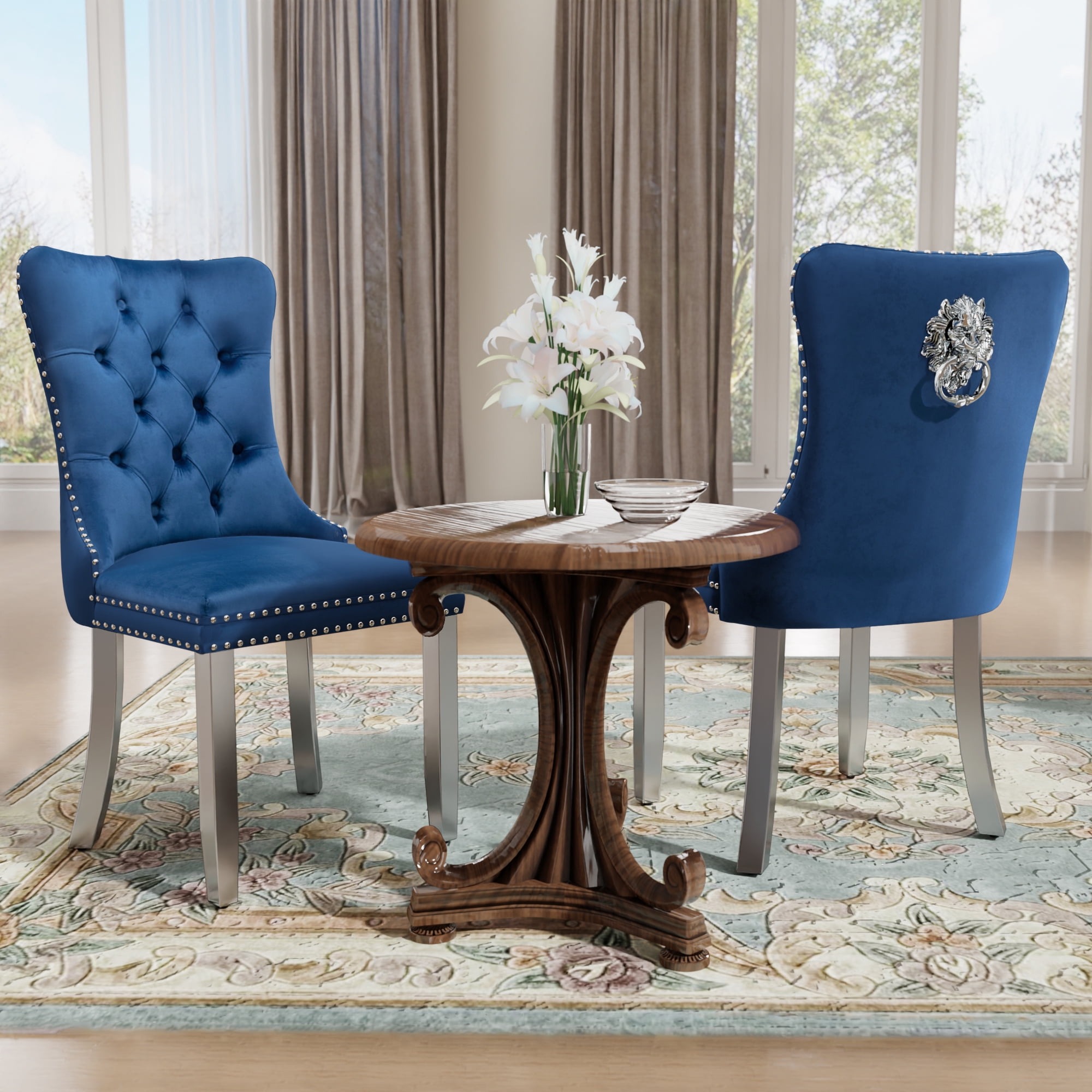 DONICK Velvet Upholstered Dining Chairs,Kitchen & Dining Room Chairs,Nailheads Tufted,Soft,Solid Wood Frame(Blue Silver,Set of 6)