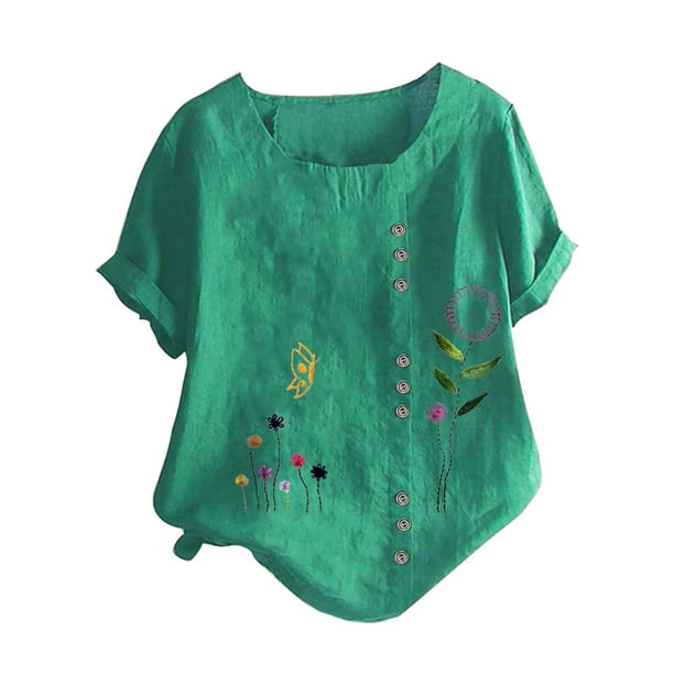 Gibobby Blusa de Trabajo de Manga Corta Camiseta Mujer Estampada Manga Corta Cuello Redondo Algodón Lino Top Blusa(Verde,G)