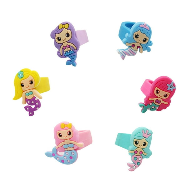 6 anillos de PVC para niños, adorables anillos grandes con forma de sirena, joyería decorativa, regalos para fiestas de cumpleaños para niños.