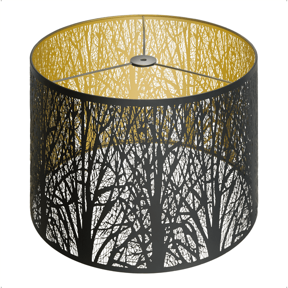 Metal Large Lampshade, Drum Lamp Shade 14" Top x 16" Bottom x 11" High, Lamp Shades for Table and Floor Lamps, Black Gold Finished Etched Forest Replacement Shade, Spider Fitter
