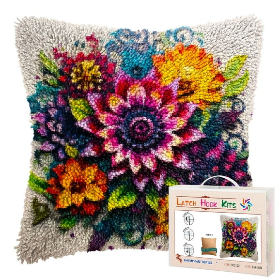 Colorful Flower Mandala Pattern DIY Latch Hook Pillow Kits for Adults Printed Pillowcase Crochet Yarns Hooking Handmade Pillow Cover Cushion for Home Sofa Decoration 17x17inch(4)