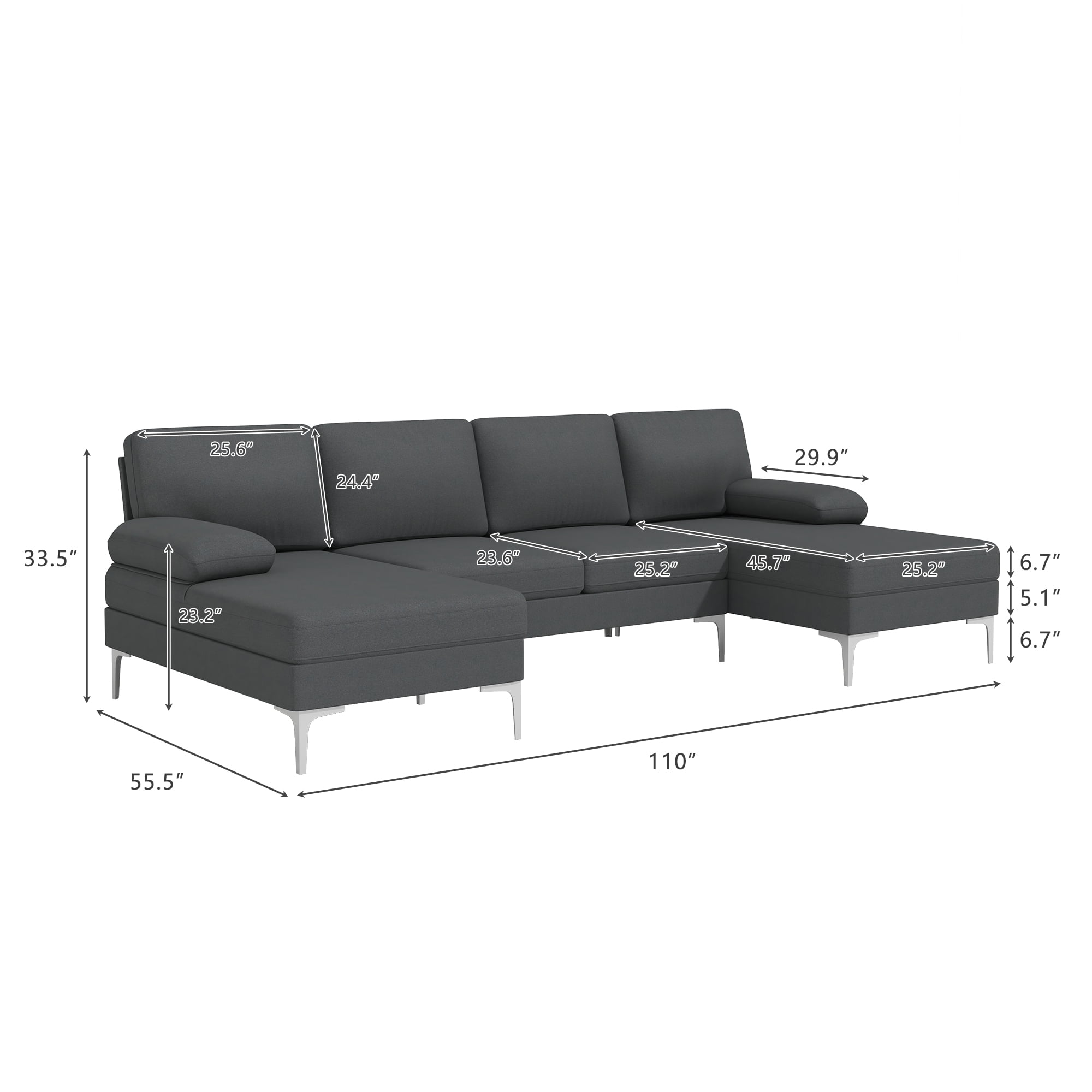 Kadyn U-Shaped Fabric with Two Imperial Concubine Iron Feet 4 Seats Indoor Modular Sofa, Sofa Couch for Living Room, Dark Gray