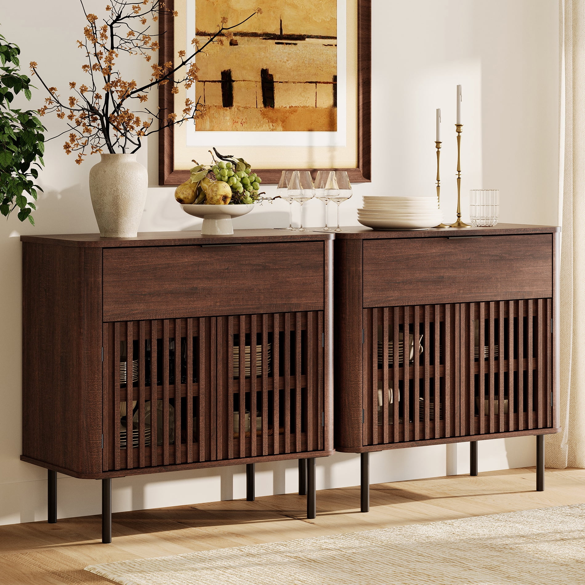 63" Sideboard Buffet Cabinet with Storage - Mid Century Modern Accent Coffee Bar for Dinning Room, Living Room, Entryway, Walnut