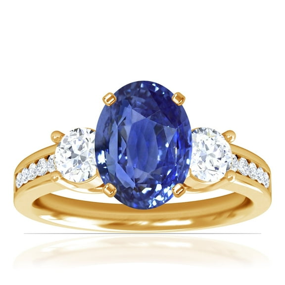 GemsNY September Birthstone - Three Stone Oval Blue Sapphire Ring with Prong and Channel Set Round Side Diamonds For Women (Grade - AAA | 2.15cttw)