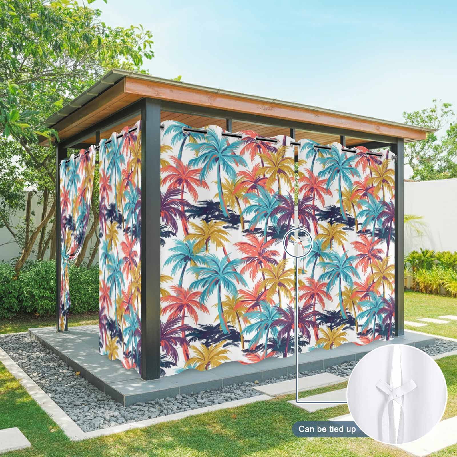Palm Tree Outdoor Curtains for Patio, Summer Coastal Orange Blue Yellow Tropical Leaf Sunshade Privacy Drapes Grommet Waterproof Outside Curtains for Porch/Cabana/Balcony 54"x 95", 2 Panel