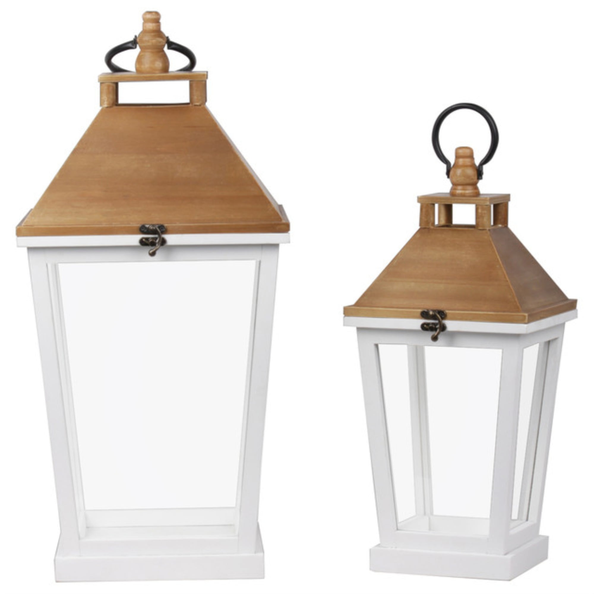 Wooden Lantern with Tapered Bottom, Set of Two, White and Brown