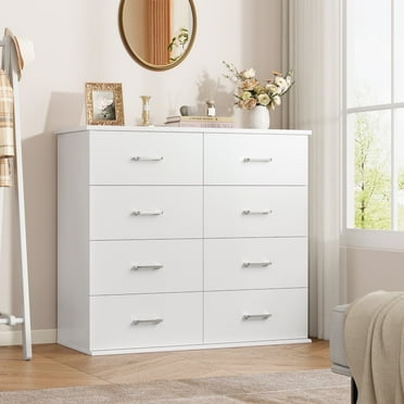 Hiphuta Modern 8 Drawer Dresser for Adult, Sturdy Large Wood Dresser for Living Room, White