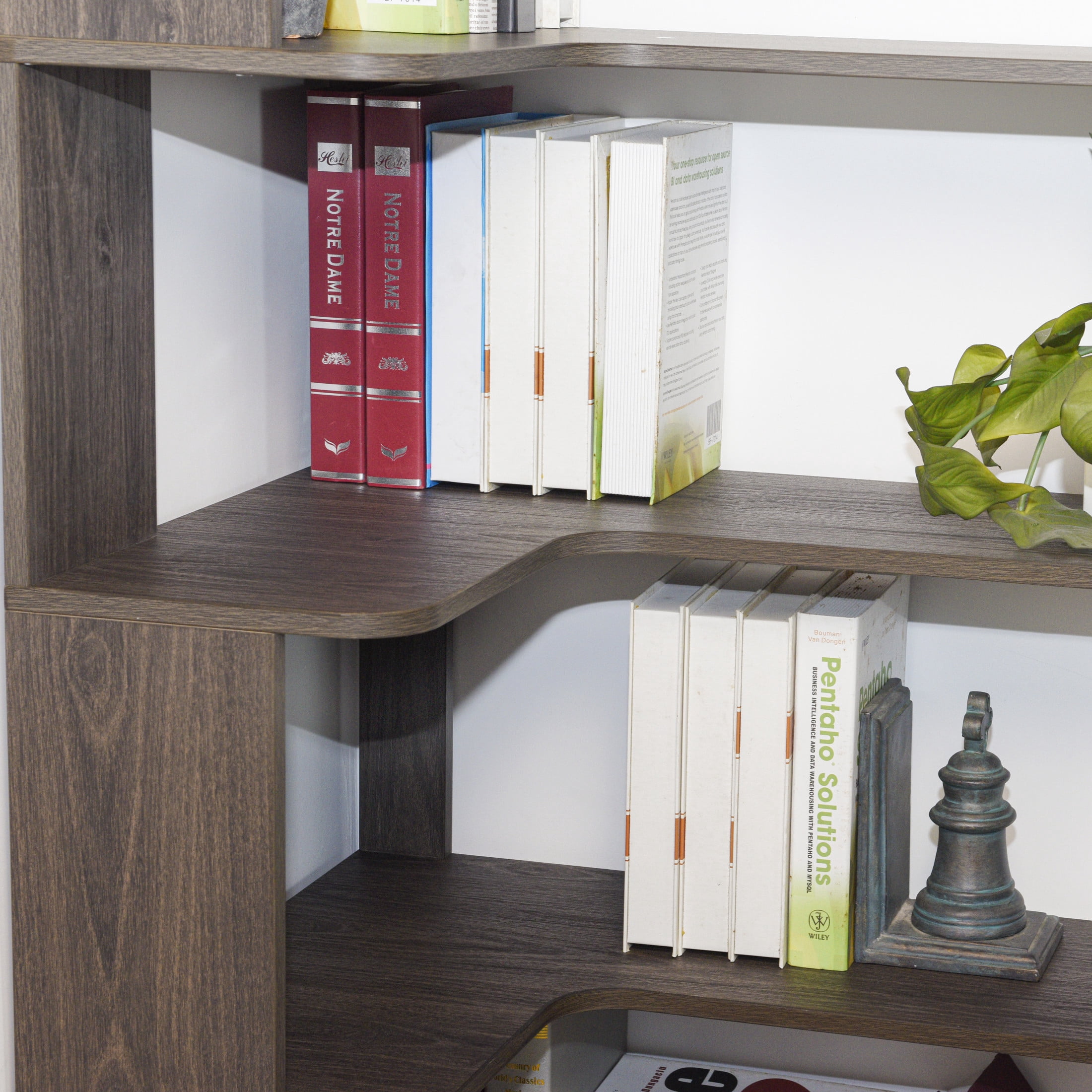 GDF Studio Derwin 5-Tier Corner Bookshelf, L-Shaped Wooden Bookcase for Living Room, Home Office, Dark Brown