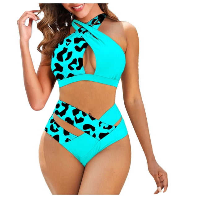Women's Bikini Set, Halter Neck Two Piece Swimsuit with Removable Padding, Plus Size Floral Print Bathing Suit for Beach and Pool