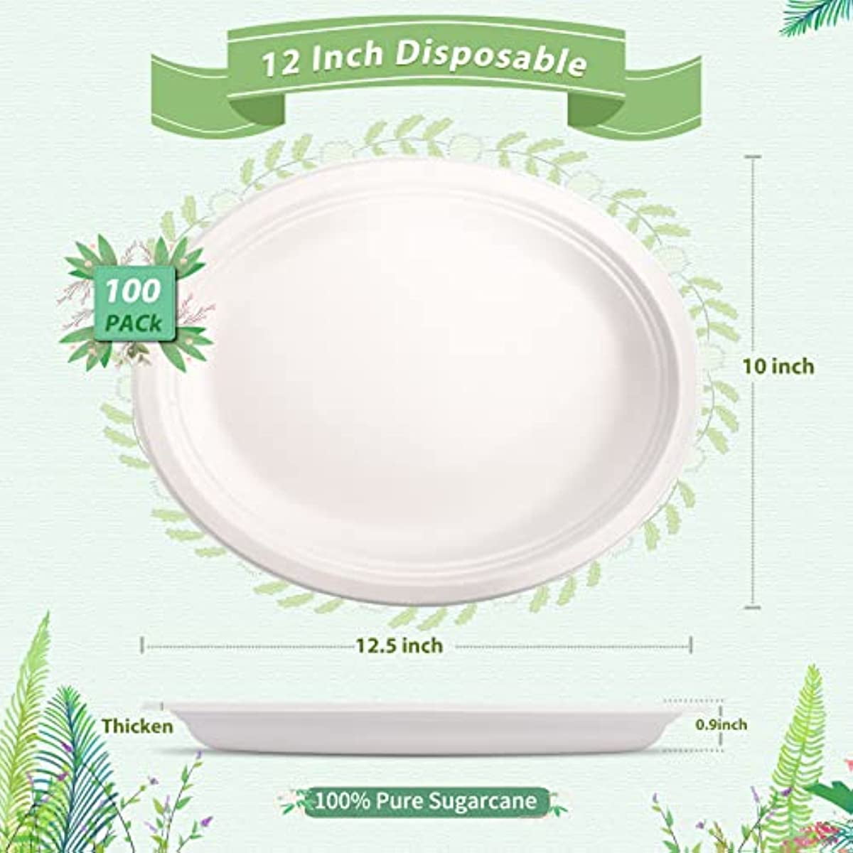 100% Compostable Oval Paper Plates 12.5 inch - 50-Pack Elegant Disposable  Dinner Platter Heavy-Duty Quality, Natural Bagasse Unbleached Eco-Friendly  Made of Sugar Cane Fibers, 12.5 x 10 Platter