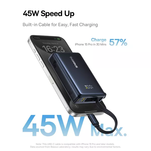 Baseus 10000mAh Power Bank,45W Portable Charger with Built-in USB-C Cable 3-Output LED Display, Fast Charging External Battery Pack Picogo Powerbank, Black