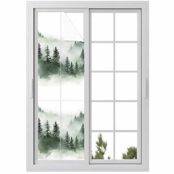Foggy Forest Window Privacy Film, Green Mist Mountain Natural Landscape Static Cling UV Sun Blocking Heat Control Window Tint Day and Night, Non-Adhesive One Way Windows Privacy Cover 17.7''x78.7''